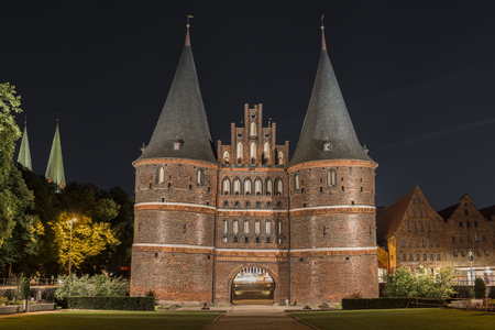 Holstentor in Luebeck at nightのeditorial素材