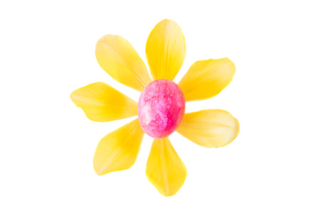 Flower made of a pink easter egg and yellow tulip blossomの写真素材