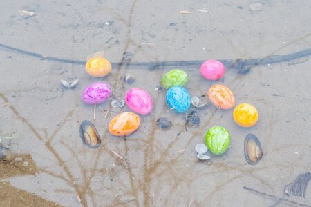 Colorful Easter eggs on a riverbankの写真素材