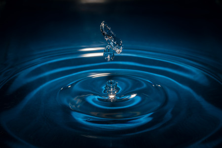 Water drop on waves with blue background and reflection
