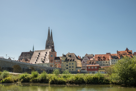 Regensburg with view to the Cathedral and stone bridge, Germanyの写真素材