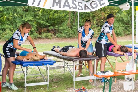 Regensburg, Bavaria, Germany, August 06, 2017, 28th Regensburg Triathlon 2017, Massage station for the athleteのeditorial素材