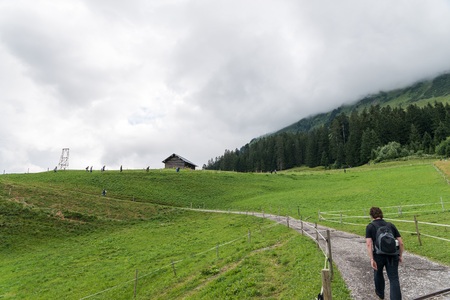 Hiker in the Bavarian region Algae, Germanyの写真素材