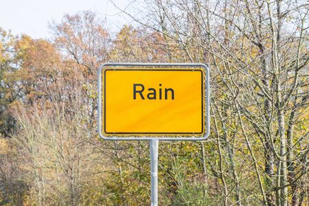Town sign with the word rain, Bavaria, Germanyの写真素材