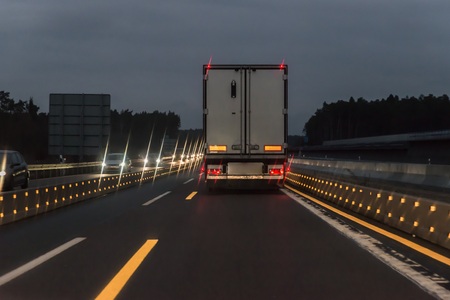 Cars and Truck at highway with road works, Germanyの写真素材