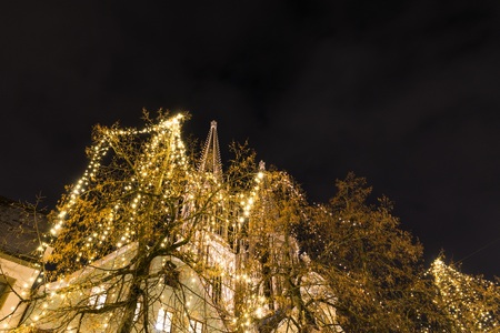 Christmas lights at the cathedral in Regensburg, Germanyの写真素材