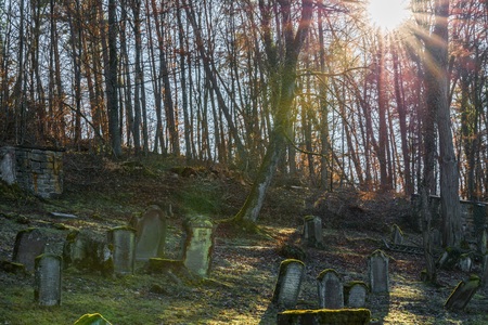 Sun beams at old Jewish cemetery with weathered tombstones, Germanyの写真素材