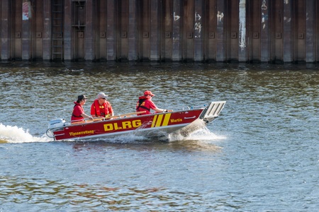 Regensburg, Bavaria, Germany, April 20, 2018: Lifeboat of DLRG Water Rescue - Regensburg, Germanyのeditorial素材