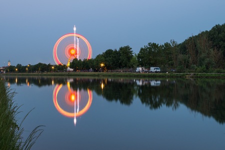 Night view of the Maidult with ferris wheel in Regensburg, Germanyの写真素材