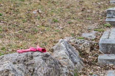 Left lying child on a stone in a parkの写真素材