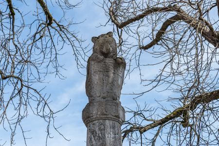 Luitpold fountain and Bear fountain at the town square in the city of Grafenau, Germanyの写真素材
