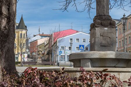 Grafenau, Bavaria, Germany, March 17, 2019, Luitpold fountain at the town square in the city of Grafenau, Germanyのeditorial素材