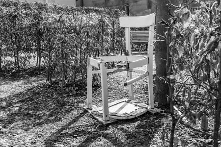 Black white image of a broken white chair in a garden Labyrinth, Germanyの写真素材