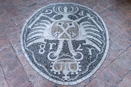 Regensburg, Bavaria, Germany, April 27, 2019, Regensburg city coat of arms in the old town hall upside down, Germanyのeditorial素材