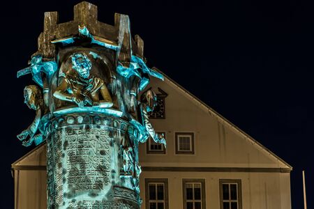 Hechingen, Baden-Württemberg, Germany, September 14, 2019, Night shot of the illuminated fountain...