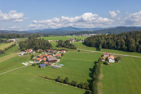 Picture of an aerial view with a drone of the landscape in the Bavarian Forest near Grafenau, Germanyの写真素材
