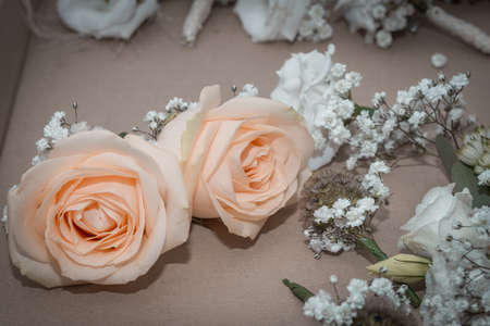 Corsage flowers for a wedding for bride groom and best man, Germanyの写真素材