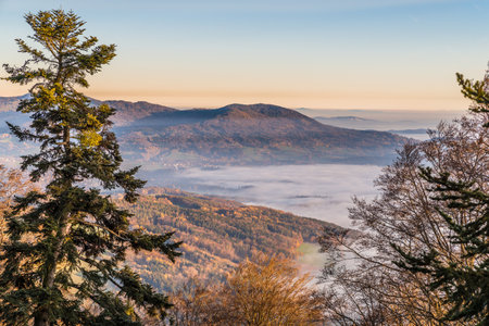 Panorama Landscape and Sunset with View to the Mountains of the German Alps with Sea of Fog at Ruselabsatz near Koenigsstein in Bavarian Forest, Germanyの写真素材