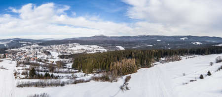 Image of aerial photography with drone of village RiedelhÃ¼tte in Bavarian forest with mountains...