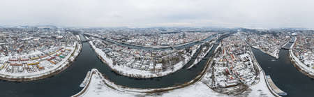 Panorama of Regensburg city in Bavaria with the river Danube the cathedral and the stone bridge in...