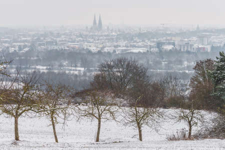 View of the cathedral in Regensburg during a foggy morning in winter with snow and ice, Germanyの写真素材