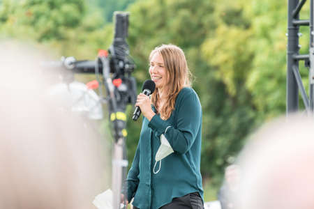 Regensburg, Bavaria, Germany, August 18, 2021, Speaker at campaign appearance of Annalena Baerbock of the German party Buendnis 90 - die Gruenen for the Bundestag election 2021, Germanyのeditorial素材