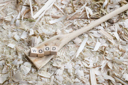 Self carved wooden spoon cooking spoon pan scraper with the word - Wood - on a workbench with wood chips, Germanyの写真素材