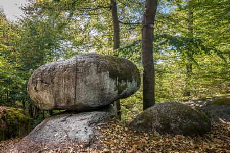 Wackelstein wobble rock cult place near Regenstauf in the Upper Palatinate near Regensburg in the forest with chain to pull and wiggle, Germanyの写真素材