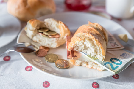 Set breakfast table with breakfast of coffee sugar milk and butter and roll covered with euro coins and banknotes on plate, Germanyの写真素材