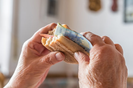 Old woman granny pensioner sits at set breakfast table eating a roll covered with euro banknotes, Germanyの写真素材