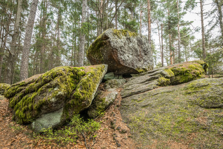 Wackelstein near Thurmansbang megalith granite rock formation in winter in Bavarian forest, Germanyの写真素材