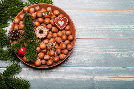 Christmas decoration on woodの写真素材