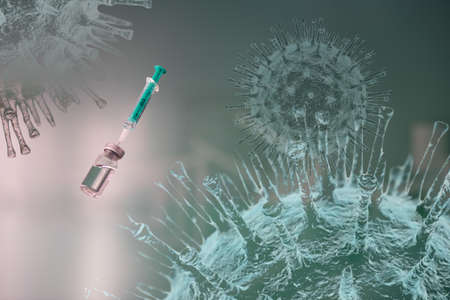 Vaccine syringe and dose on coranavirus backgroundの写真素材