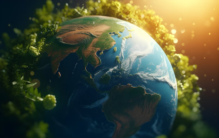 Global earth in sun light bokeh background.の素材