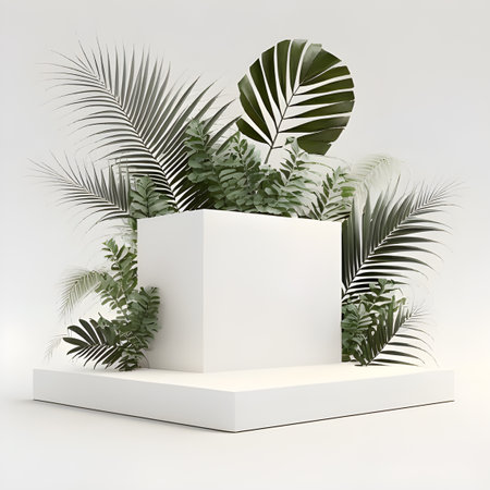 Product Display with Nature Rock Palm Scene Background.の素材