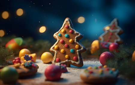 Homemade cookies Christmas Trees decorated with icing and sugar decorations.の素材