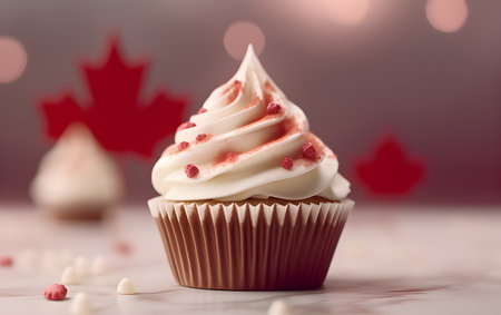 Cupcake with cream frosting and red maple leaf on bokeh backgroundの素材