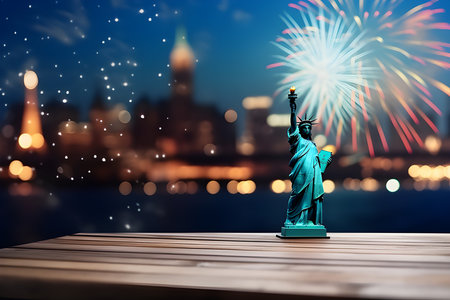 Wood table and statue of liberty with blur background. Generative AIの素材