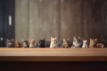 Wooden table with many cats. International cat day.Generative AIの素材