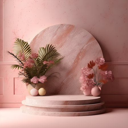 Pink podium stand with nature rock palm scene background.Generative AIの素材