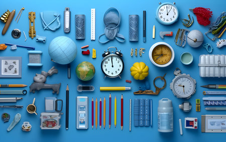 Stationeries on blue background. Generative AIの素材