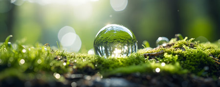 Environment Concept. Globe Glass In Green Forest With Sunlight.の素材