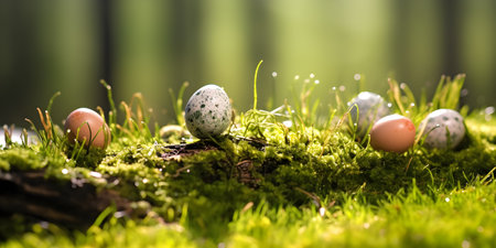 Colored eggs in natural nest on the ground. Generative AIの素材