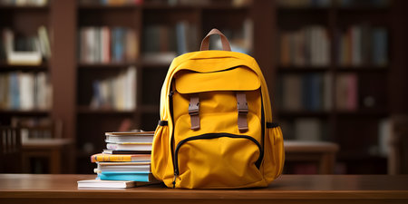 Yellow school bag with accessory on empty background. Back to school concept.の素材