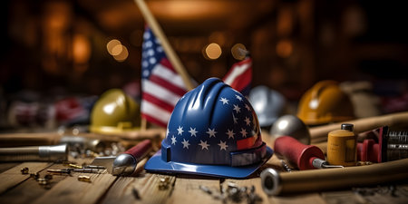 Construction tools with American flag on dark black background. Labor day banner. Generative AIの素材