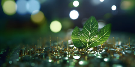 Leaf made with circuit board. Life and love concept.の素材