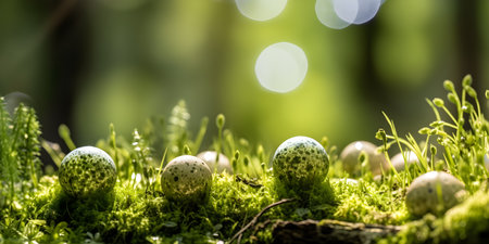 Colored eggs in natural nest on the ground. Generative AIの素材