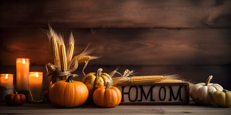 Thanksgiving pumpkins with fruits and falling leaves on rustic wooden tableの素材