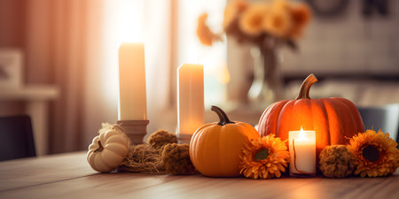 Thanksgiving pumpkins with fruits and falling leaves on rustic wooden tableの素材
