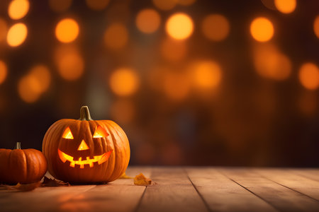 Halloween background concept. Wood table with pumkin. Generative AIの素材